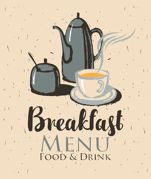 Desayuno con una tetera y taza de té — Vector de stock
