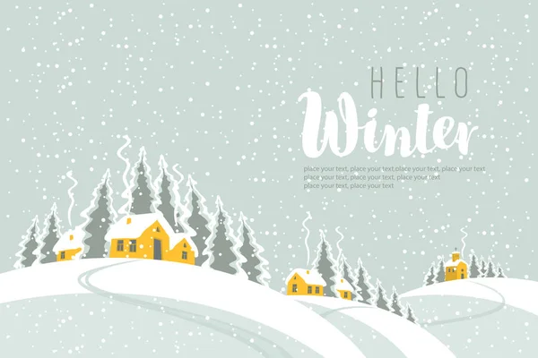 Paisaje de invierno con pueblo — Vector de stock