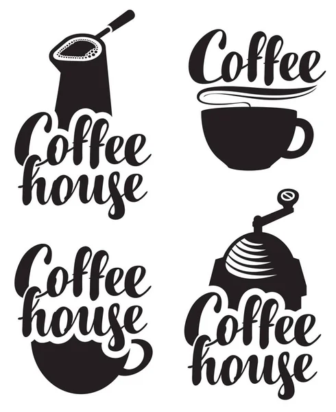 Logos for coffee house with a cup and grinder — Stock Vector