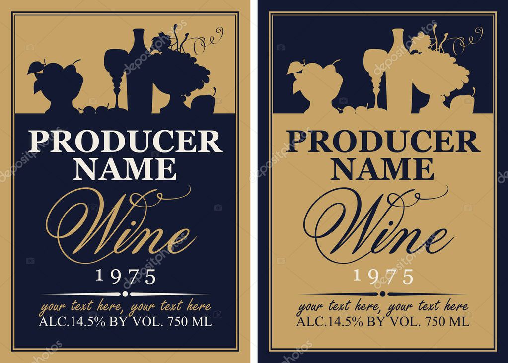 Wine label set with the silhouette of a still life from bottles and bowl of fruit