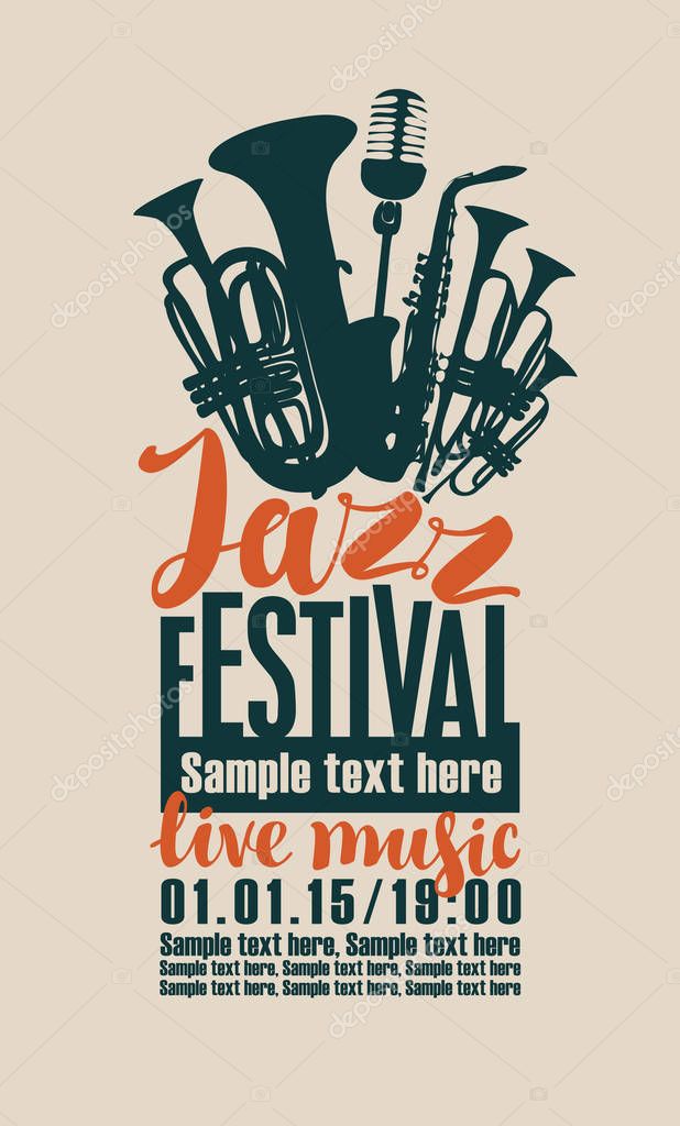 Poster for the jazz festival with saxophone, wind instruments and a microphone
