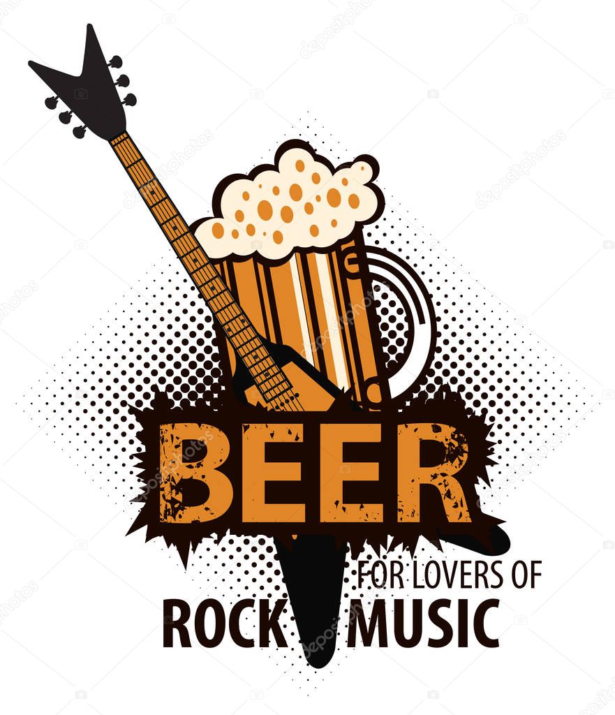 Beer for lovers of rock music with a glass and electric guitar
