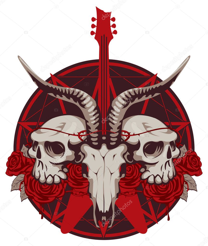 guitar and skull of goat and human
