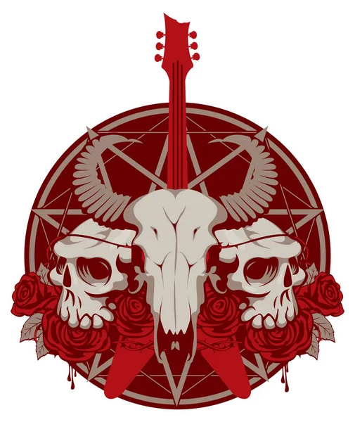 Guitarra y calavera de cabra y humana — Vector de stock