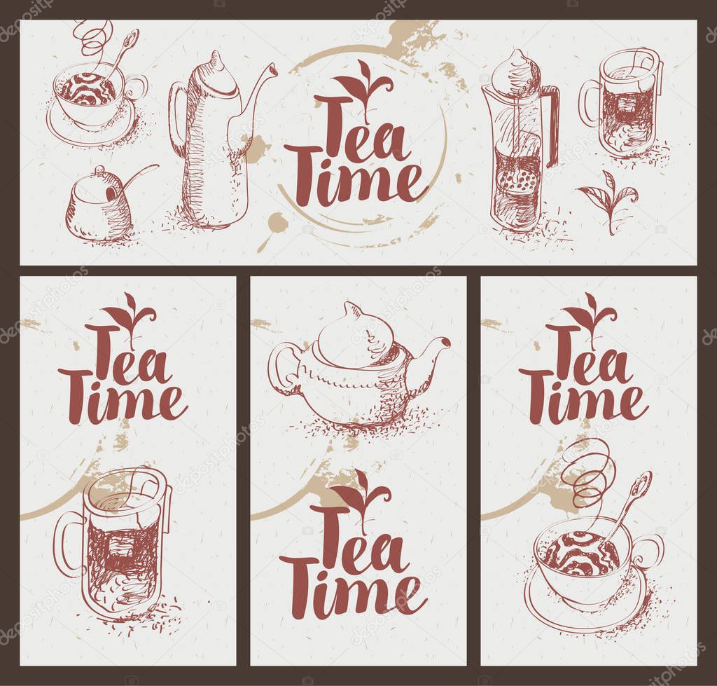 Set vector business card with drawing utensils for drinking tea