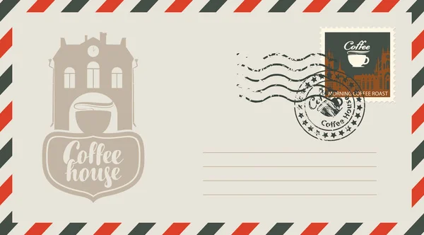 Bir kahve ev için bir damga ile zarf — Stok Vektör