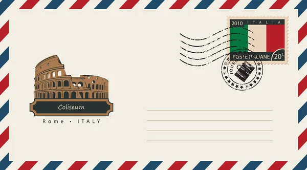 Boríték-val egy postai bélyeg, a Colosseum — Stock Vector