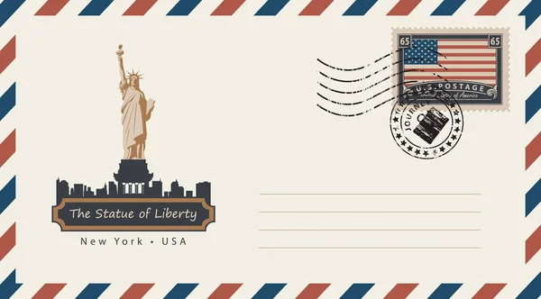 Enveloppe avec timbre-poste avec statue de la Liberté — Image vectorielle