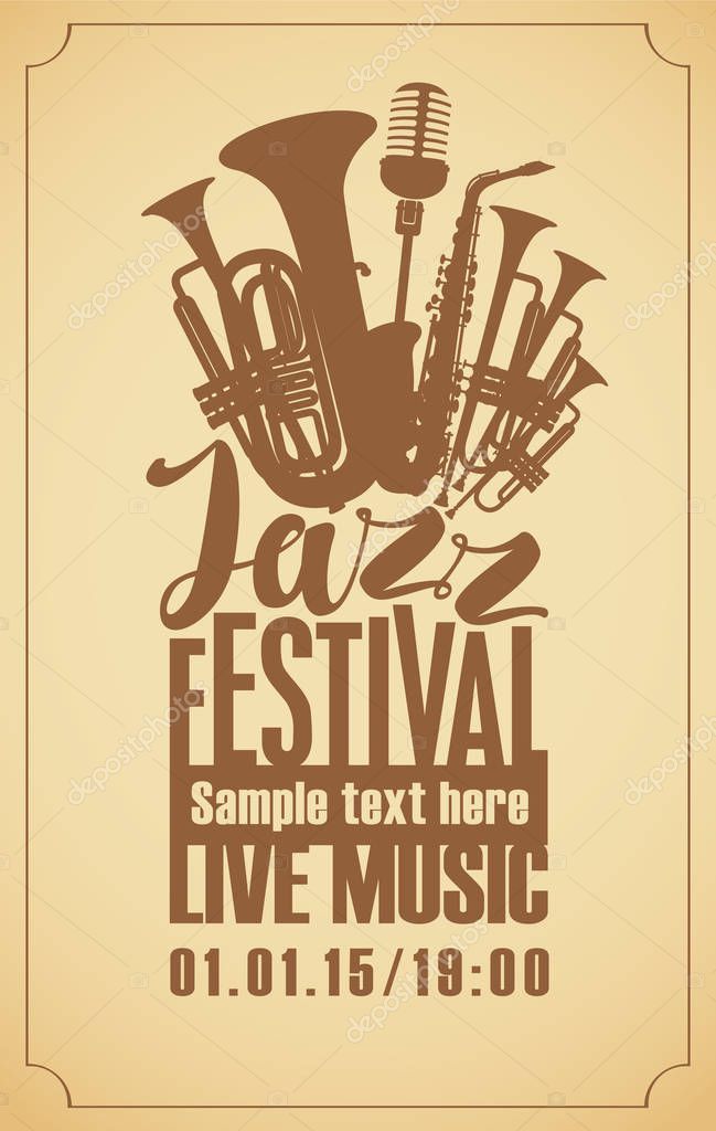 Poster for the jazz festival with saxophone wind instruments and a microphone