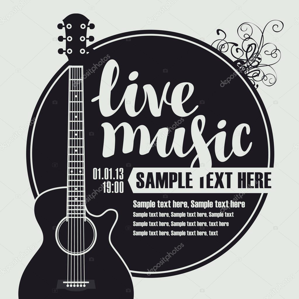 Banner with an acoustic guitar for the concert of live music