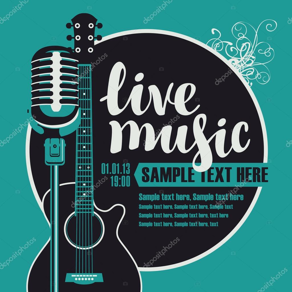 Banner with an acoustic guitar and a microphone for the concert of live music