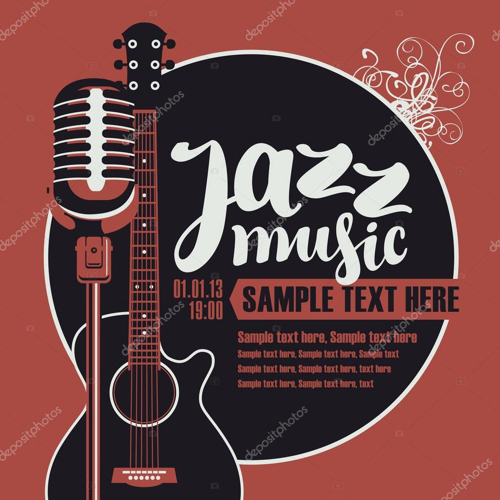 Poster for a concert of jazz music with an acoustic guitar and a microphone