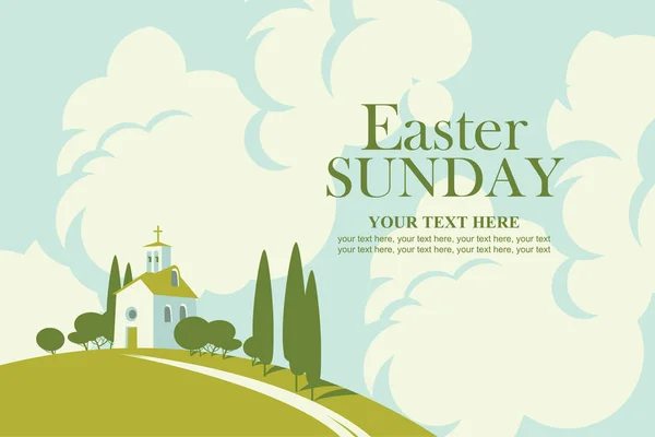 Carte de Pâques avec paysage avec église — Image vectorielle