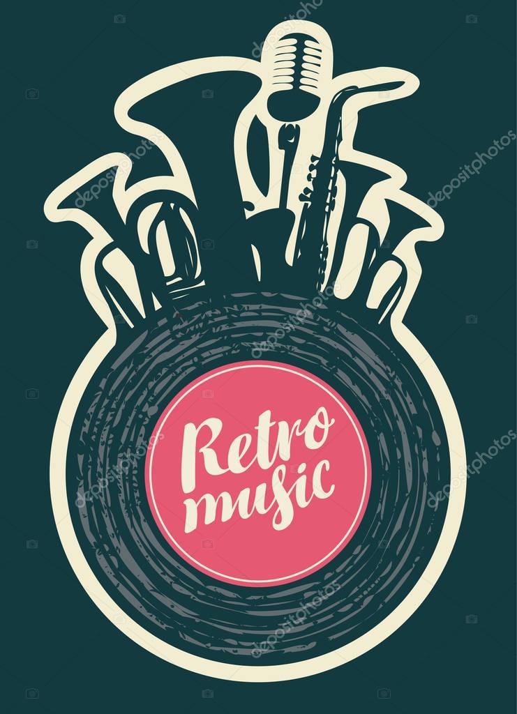 Poster for the retro music festival with vinyl record, wind instruments and microphone