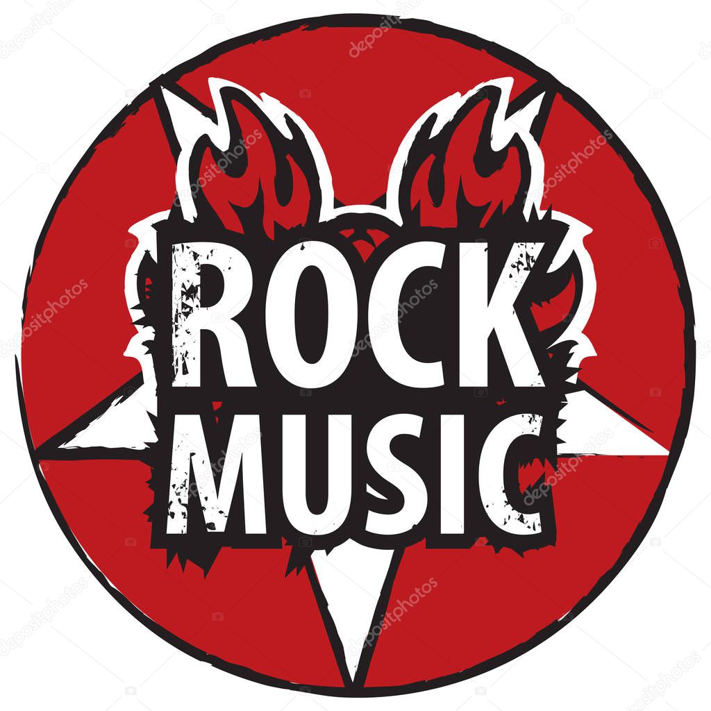 Banner for rock music with satanic pentagram on fire