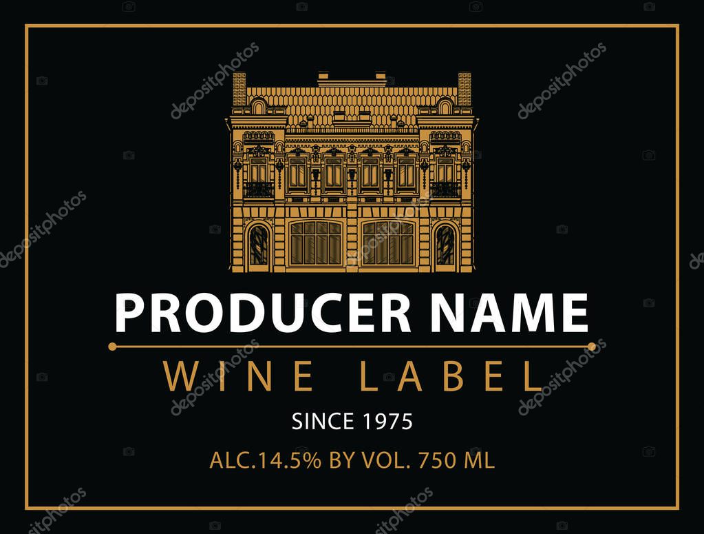 Vector labels for wine with urban landscape and castle in black and gold