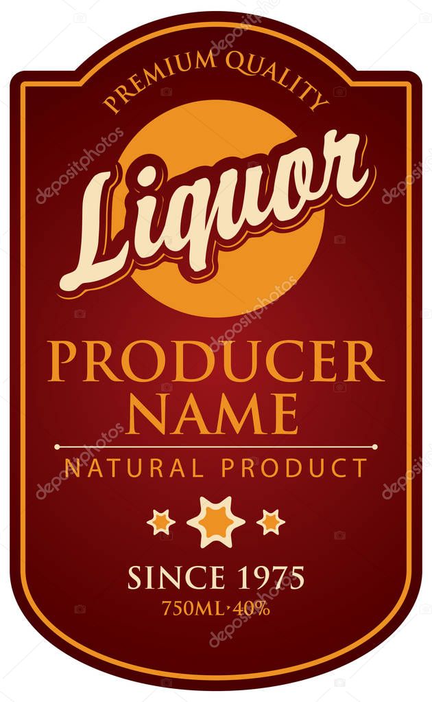Vector label in curly frame for liqueur on Burgundy background in retro style