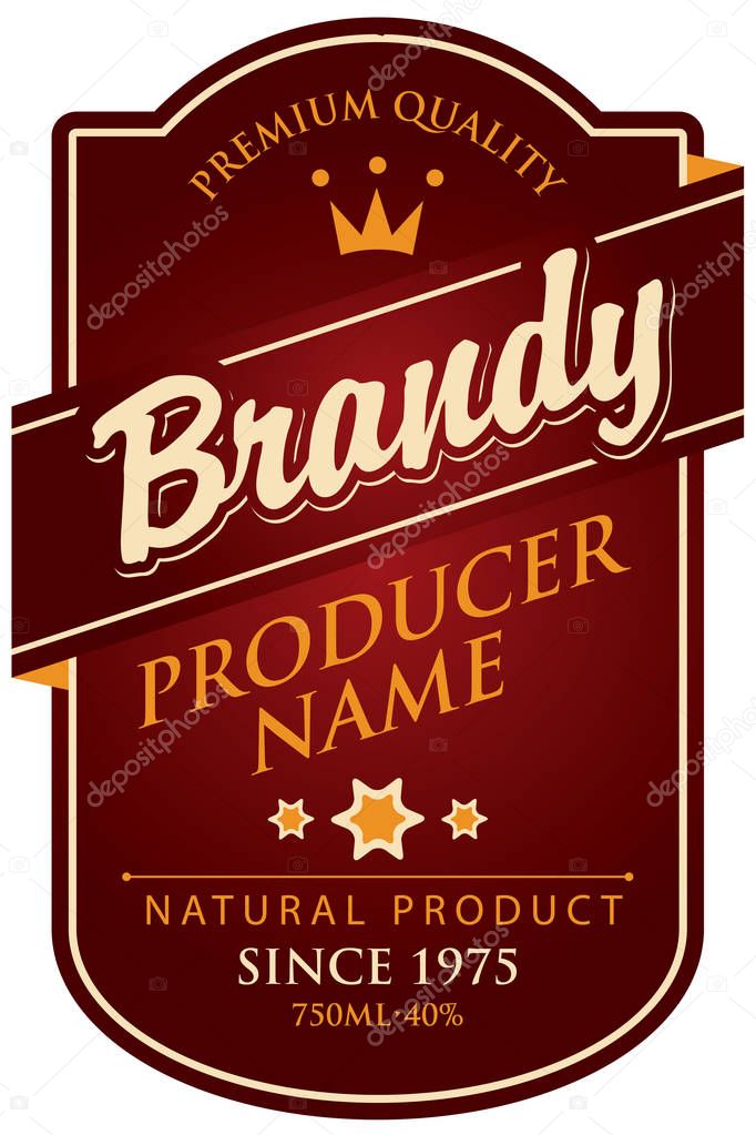 Label in curly frame for brandy with ribbon and crown