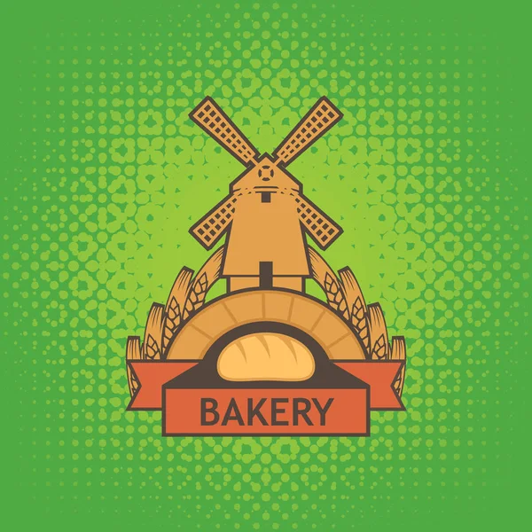 Banner für Bäckerei mit Mühle, Laib und Ohren — Stockvektor