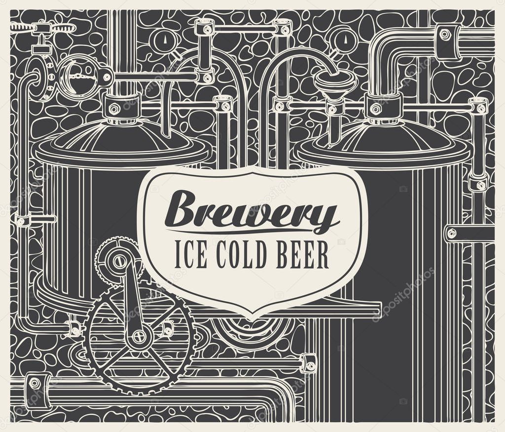 Vector banner with the brewery, beer production in retro style