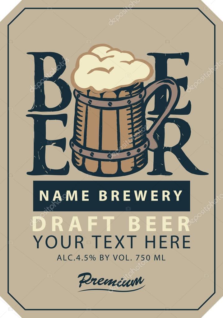 Template vector draft beer label with full wooden mug