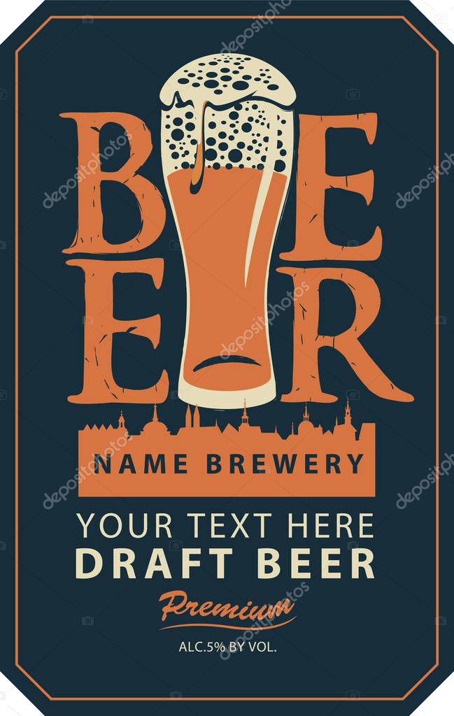 Template vector beer label with the old town and full glass on a black background