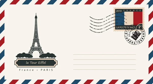 Kirjekuori, jossa on Eiffel-tornilla varustettu postimerkki — vektorikuva
