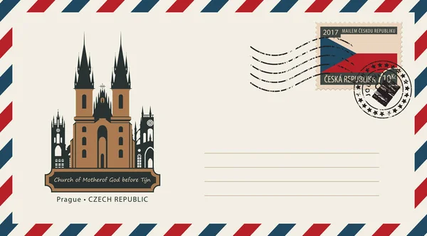 An envelope with a postage stamp with Prague church — Stock Vector