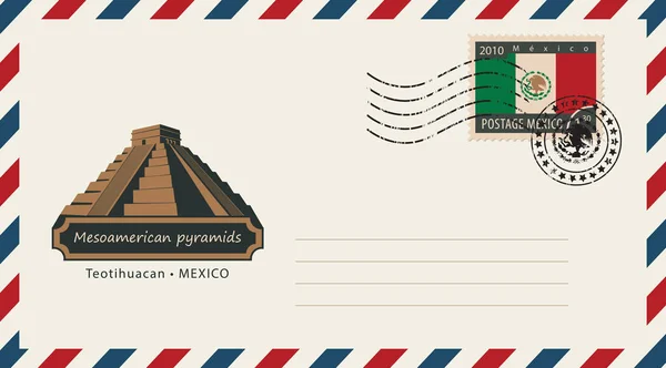 Ett kuvert med ett frimärke med mesoamerikanska pyramider — Stock vektor