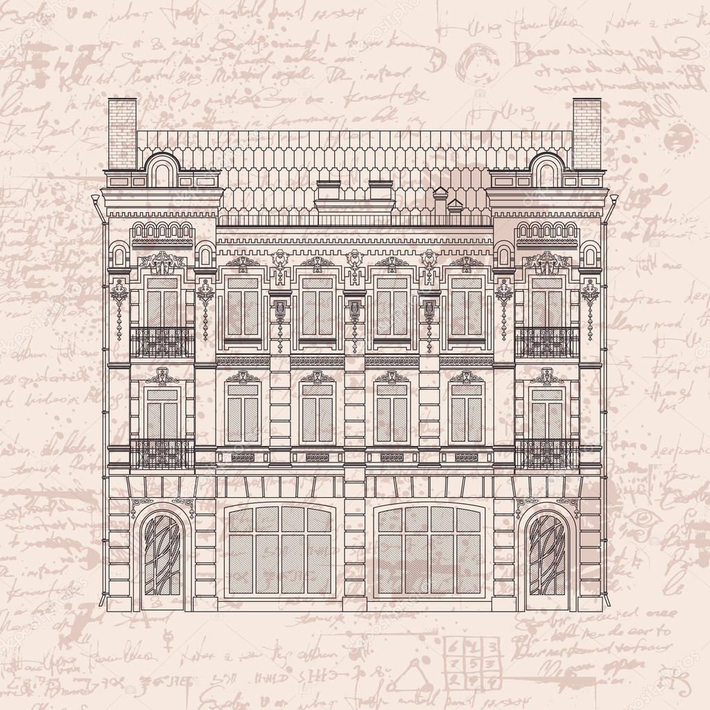 Drawing two-storey house in baroque style