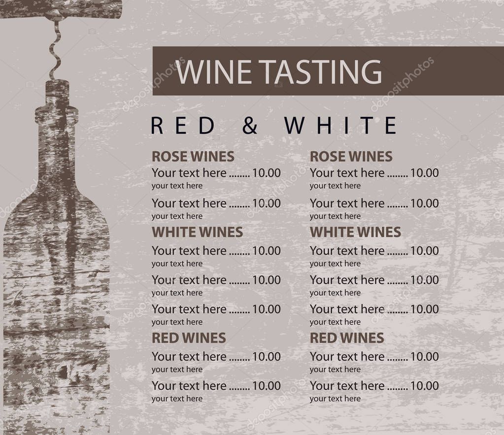 Vector menu for wine tasting with price and Bottle with a corkscrew on the background of a wooden board texture