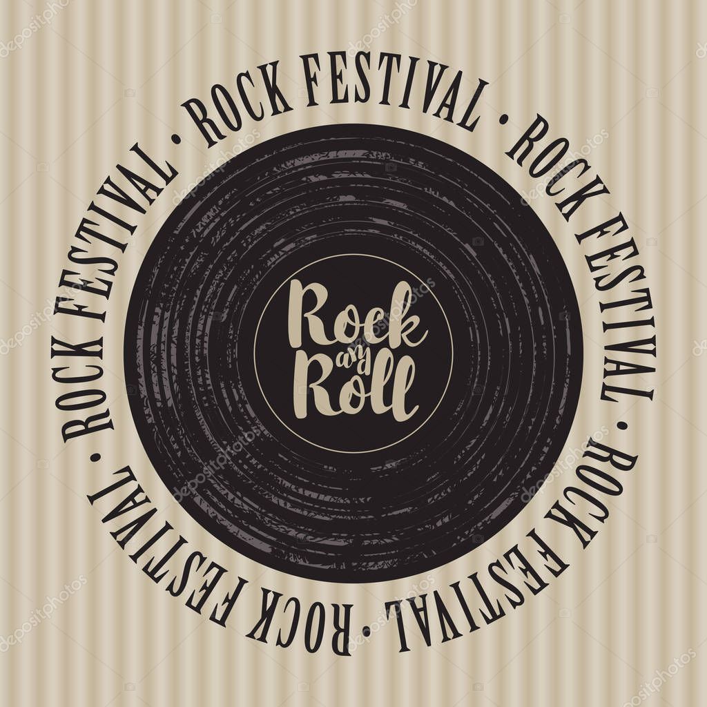 Square banner with a vinyl record, inscription rock-n-roll and the words rock festival, written around