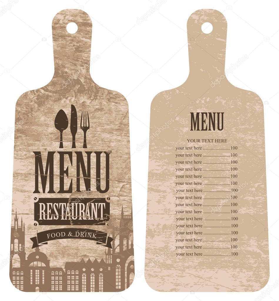 Menu for the restaurant with price list in the form of wooden cutting board with a picture of the old town and cutlery