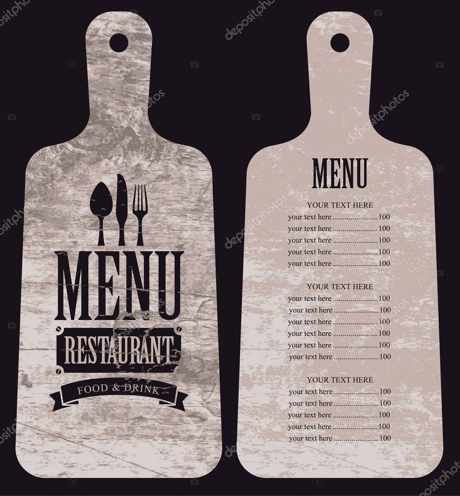 Menu for the restaurant with price list in the form of wooden cutting board with a picture of cutlery