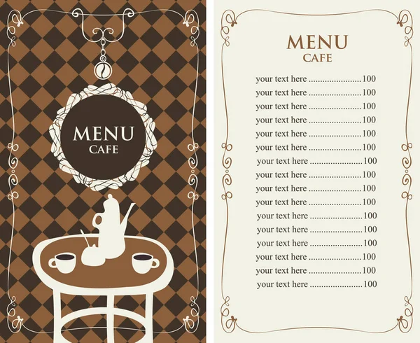 Menu para o café com lista de preços e mesa servida — Vetor de Stock