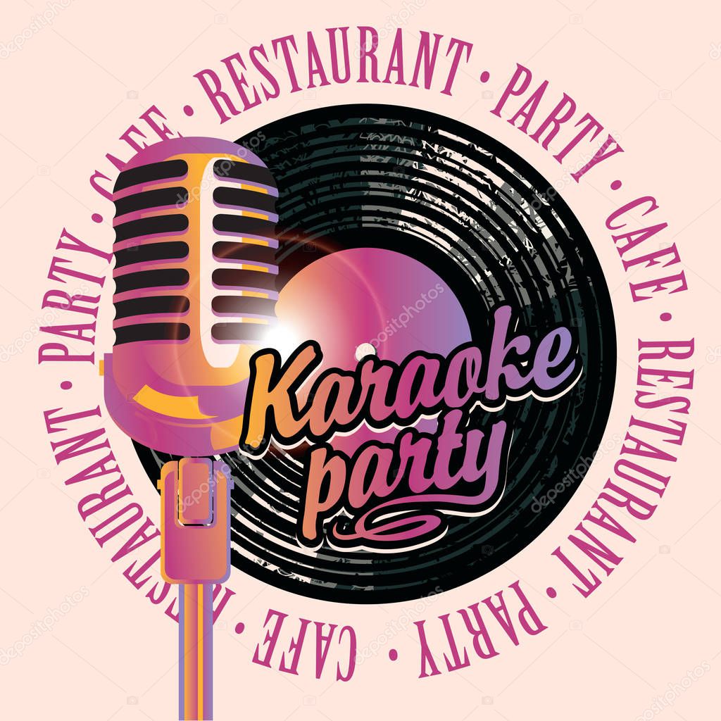 Vector banner with microphone, vinyl record and inscription karaoke party