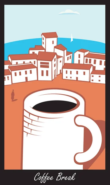 海沿いの町でのコーヒーのカップを持つシーン — ストックベクタ