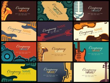 set of business cards with musical instruments clipart