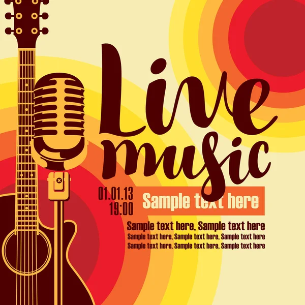 Banner per concerto musica dal vivo con chitarra e microfono — Vettoriale Stock