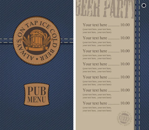 Menu for beer pub on denim background with price — Stock Vector