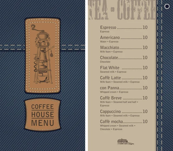 Kawa menu house na tle denim z ceny — Wektor stockowy