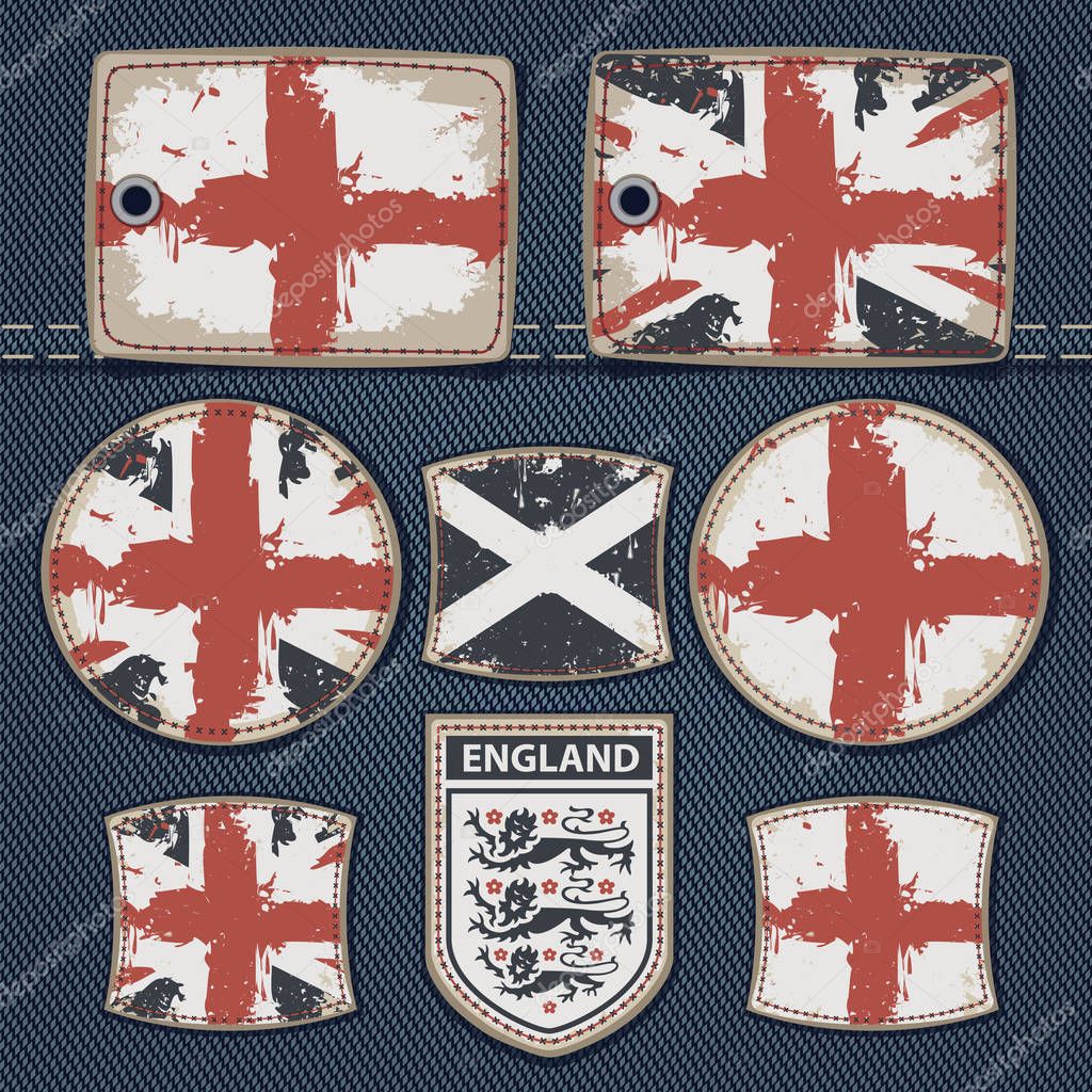 Vector set of labels for jeans with pictures British flags on a background of denim