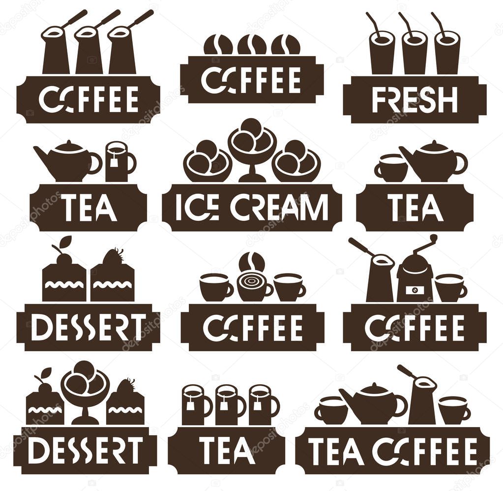 Set of vector logos for restaurant, cafe or coffee shop on hot coffee, tea, dessert, juice and ice cream in retro style