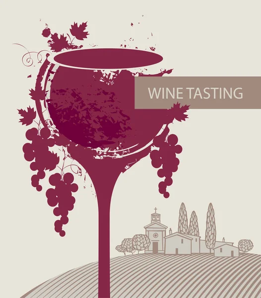 Menu dégustation de vin avec verre, raisin et paysage — Image vectorielle