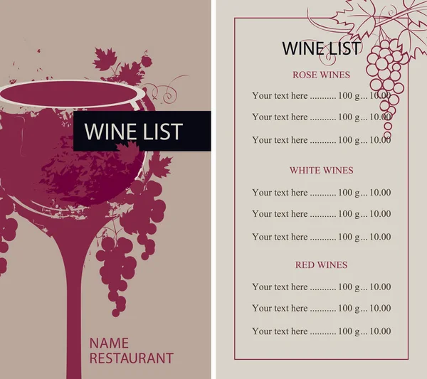 Menu pour la carte des vins avec verre et raisins — Image vectorielle