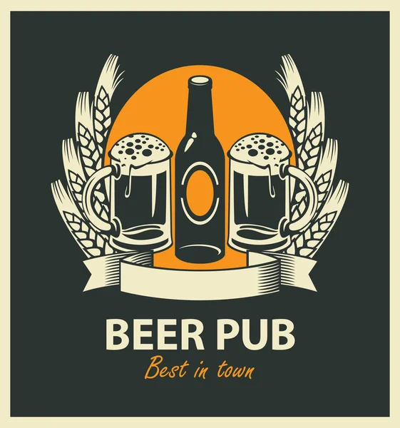 Deux verres de bière, bouteille, épis de blé et ruban — Image vectorielle