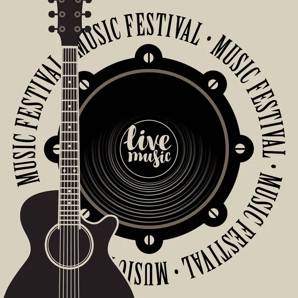 Banner para el festival de música con altavoz y guitarra — Vector de stock