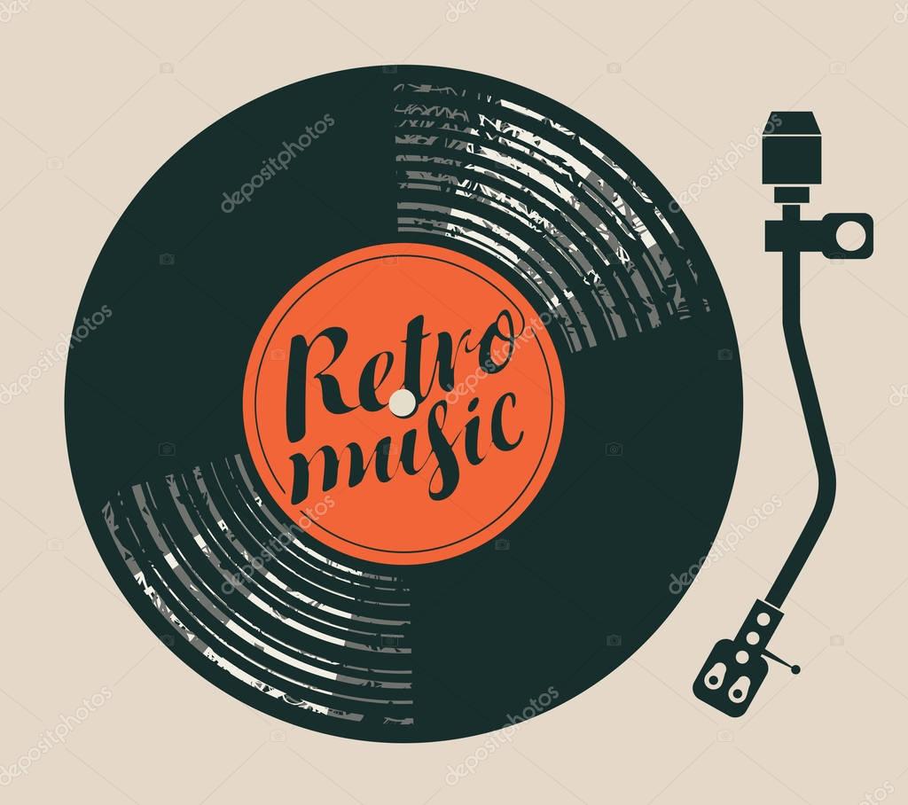 Vector poster for the retro music with vinyl record, record player and handwriting lettering