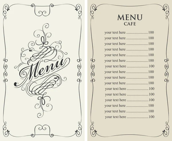 Menu for cafe with price list and curlicues frame — Stock Vector