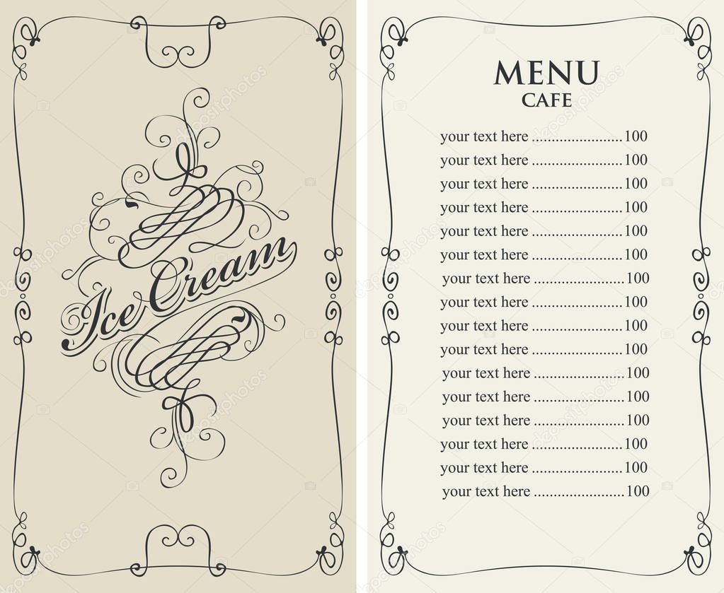 ice cream menu for cafe with price list